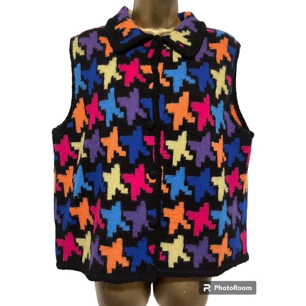 Vintage Wool Sweater Vest XL Cardigan Herringbone Color Block Rainbow Soft Cozy